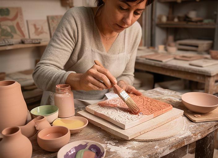 Artigiana al lavoro nel laboratorio di Ravenna mentre applica smalto su una piastrella decorativa