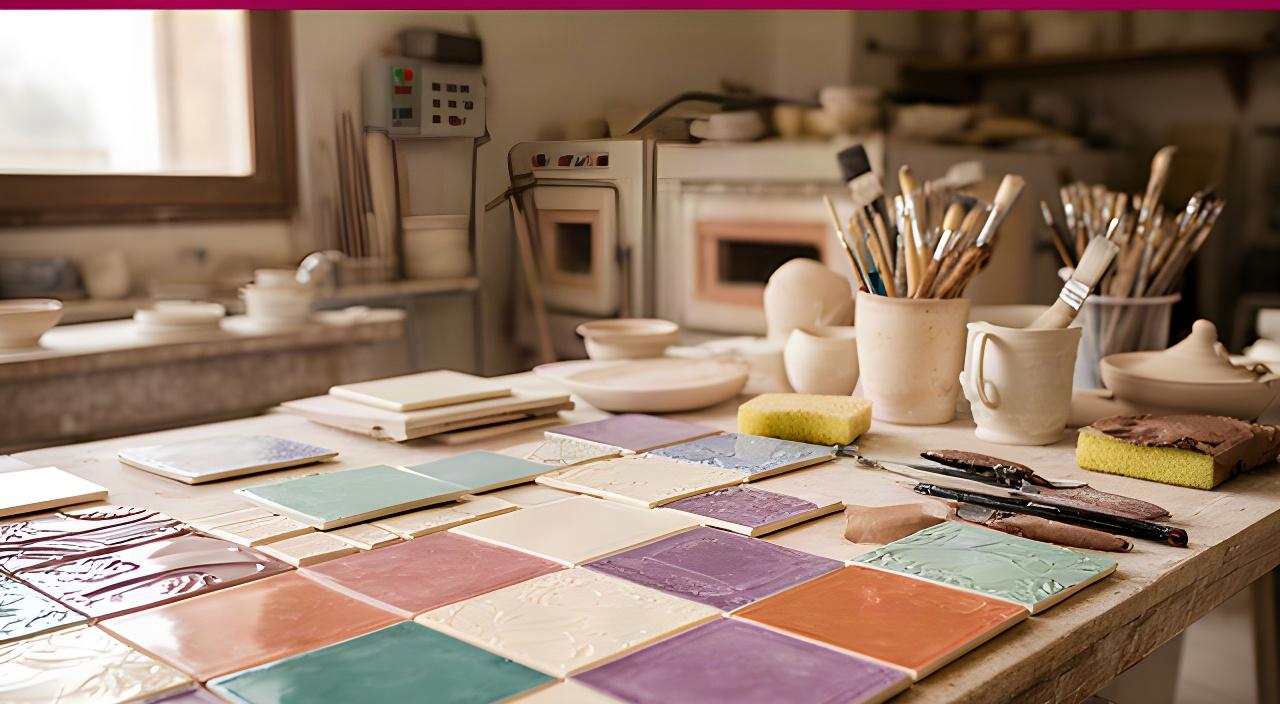 Banco di lavoro con piastrelle in ceramica, campioni smaltati e strumenti artigianali nell'atelier di Ravenna