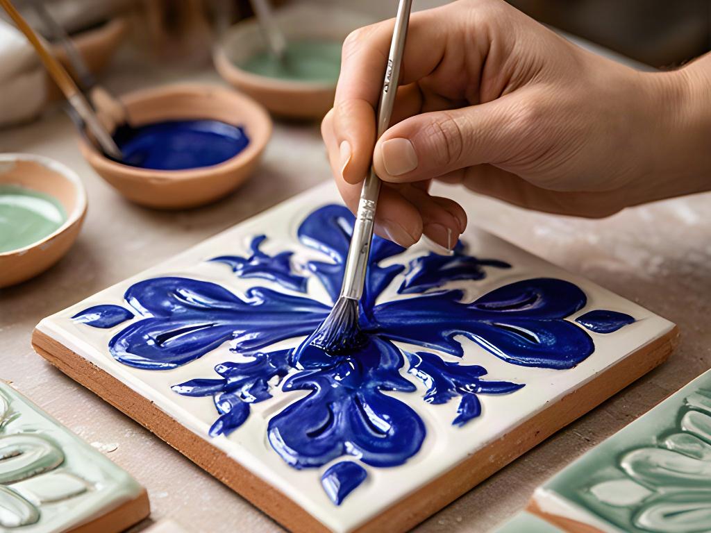 Mano dell'artigiana che applica smalto blu su una piastrella decorativa nel laboratorio di Ravenna