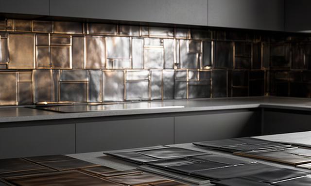 Piastrelle metallizzate color bronzo e grafite in una cucina dal design contemporaneo