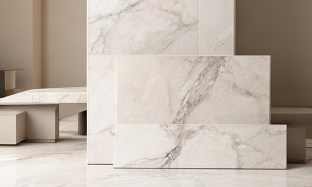 Piastrelle effetto marmo lucido con venature grigie e finitura opaca in un ambiente contemporaneo