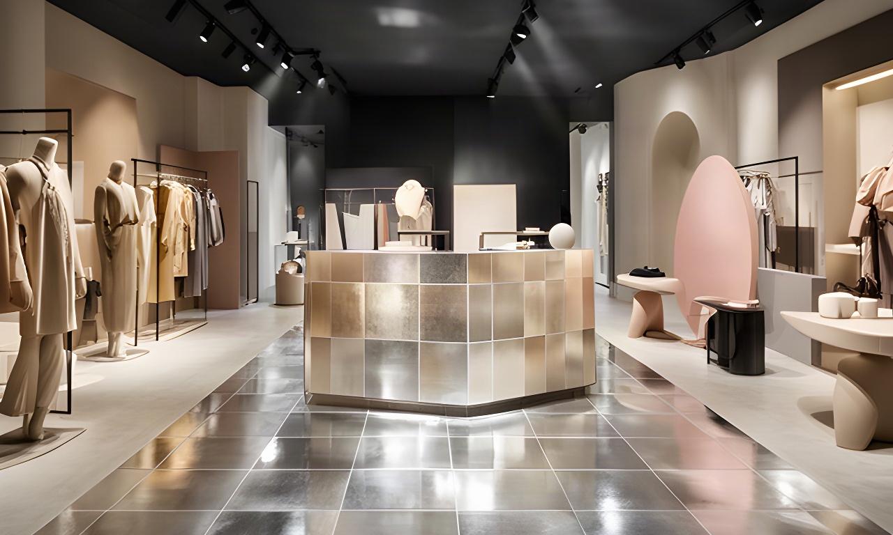 Interno della boutique Fashion Hub con piastrelle metallizzate su misura sul bancone e sul pavimento