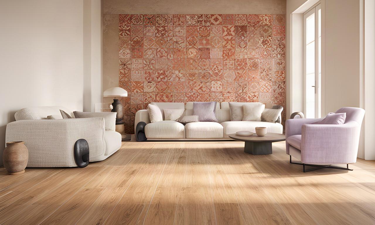 Grande soggiorno italiano con pavimento in gres effetto legno e parete decorata in ceramica artigianale