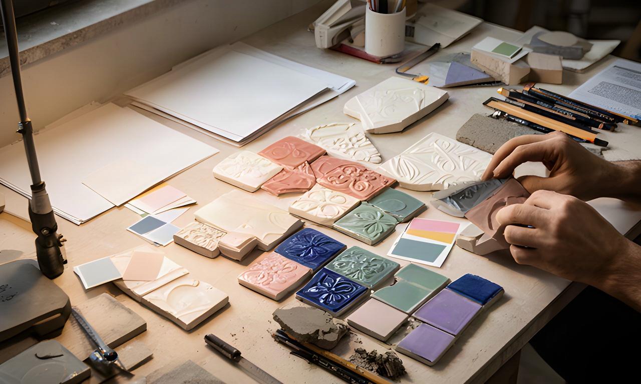 Banco di laboratorio a Ravenna con campioni ceramici, matite e composizione di piastrelle decorative