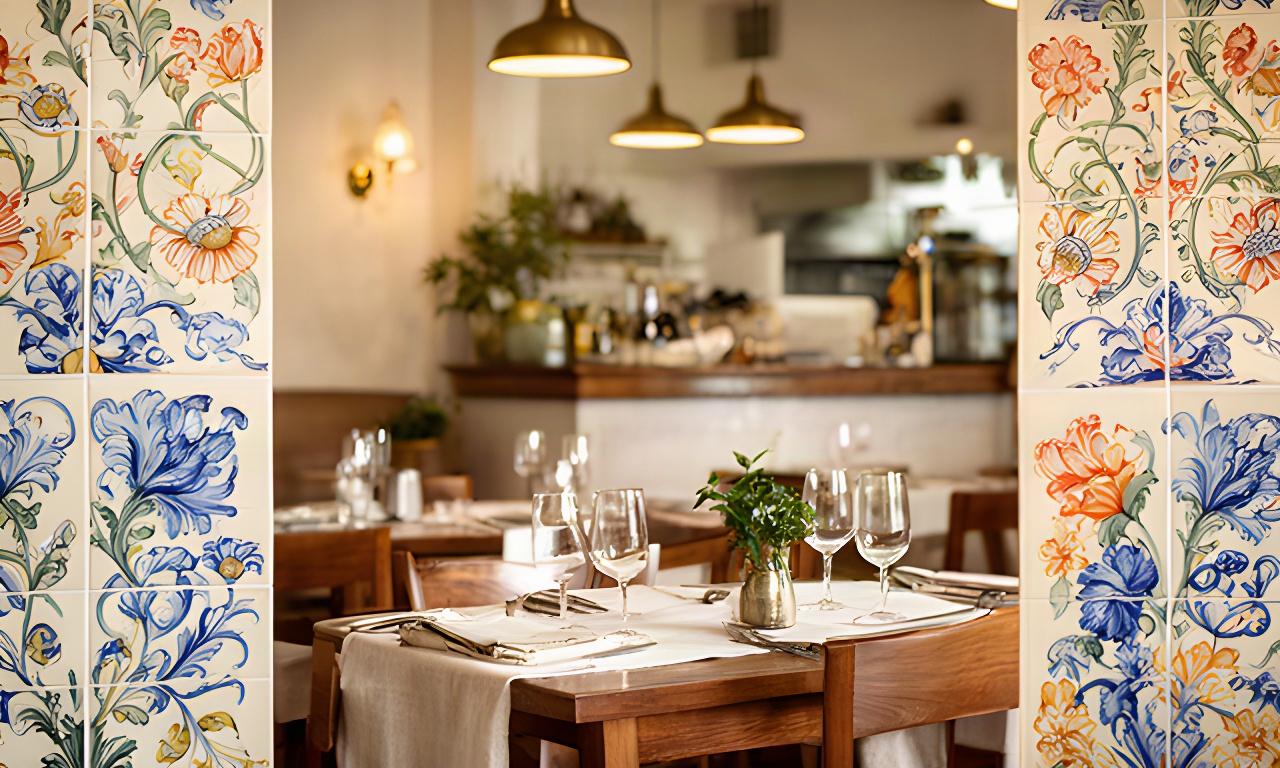 Sala del ristorante La Piazzetta con pareti rivestite di maioliche artigianali e decori floreali