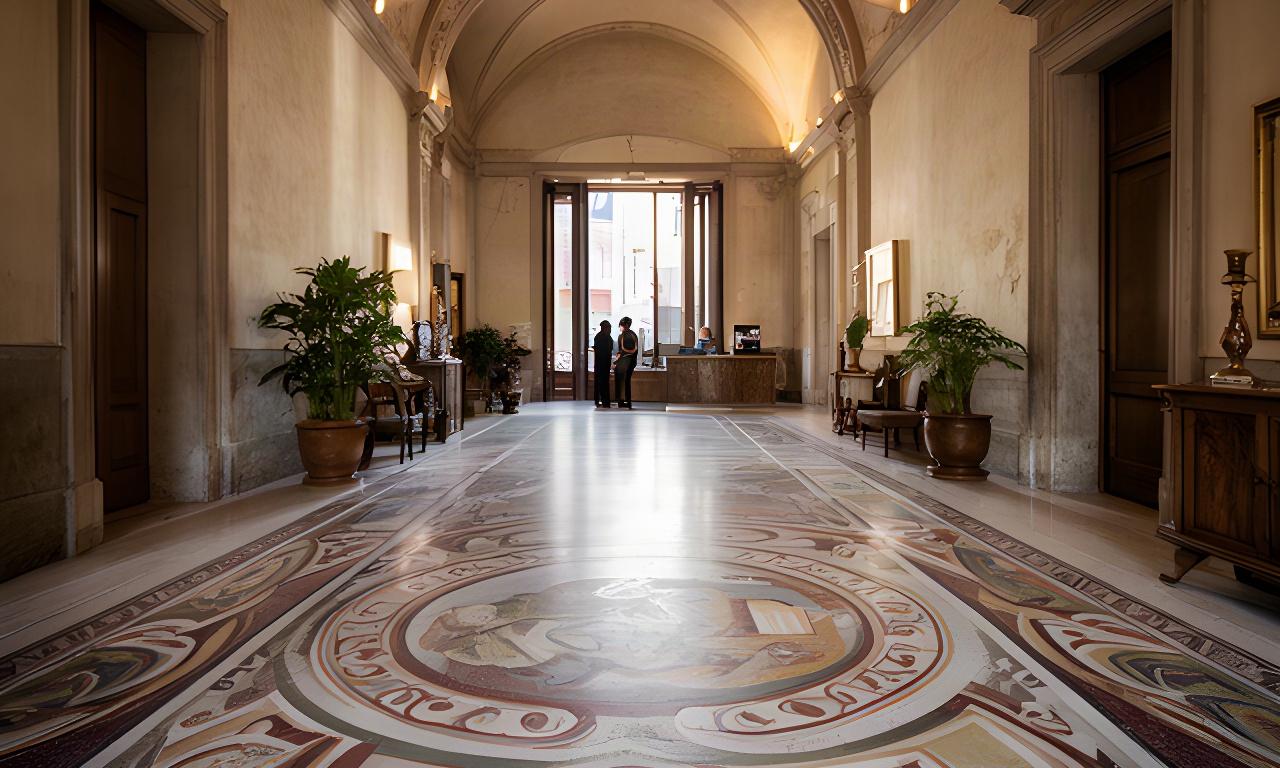 Hall dell'Hotel Antico Borgo con mosaico personalizzato ispirato alla storia locale