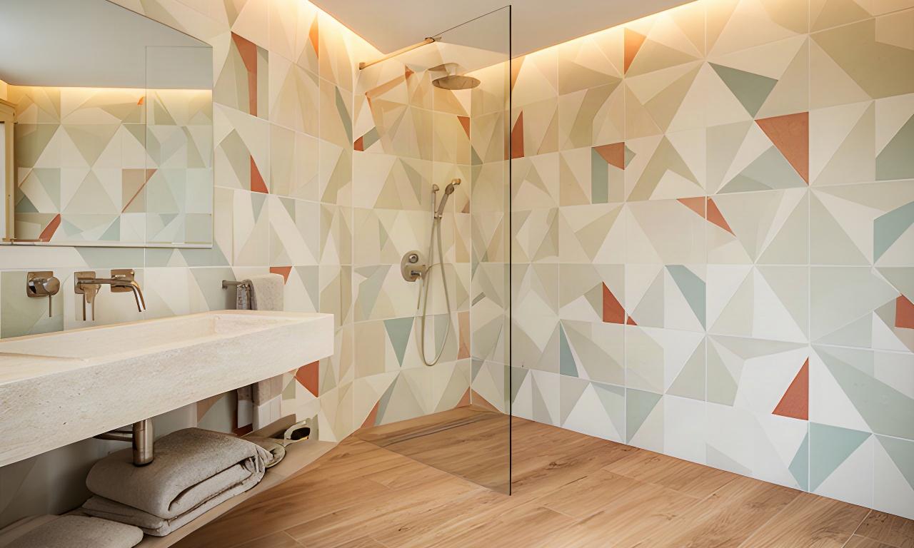 Bagno di Villa Smeralda con decori geometrici sulle pareti e pavimento in gres effetto legno