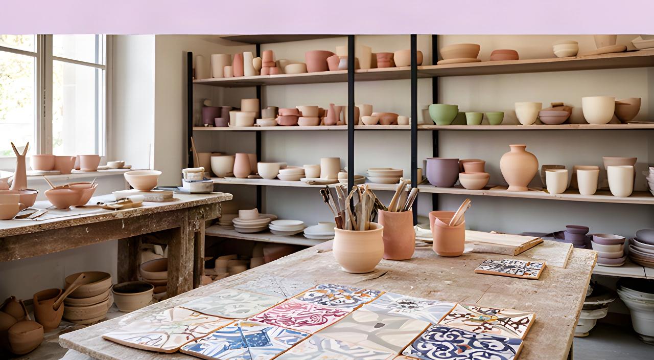 Laboratorio di ceramica a Ravenna con piastrelle artigianali, tavolo di lavoro e luce naturale