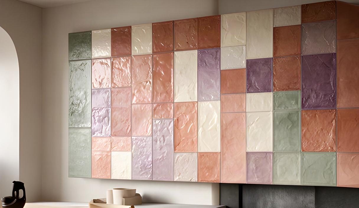 Installazione residenziale moderna con piastrelle artigianali di diverse texture e colori