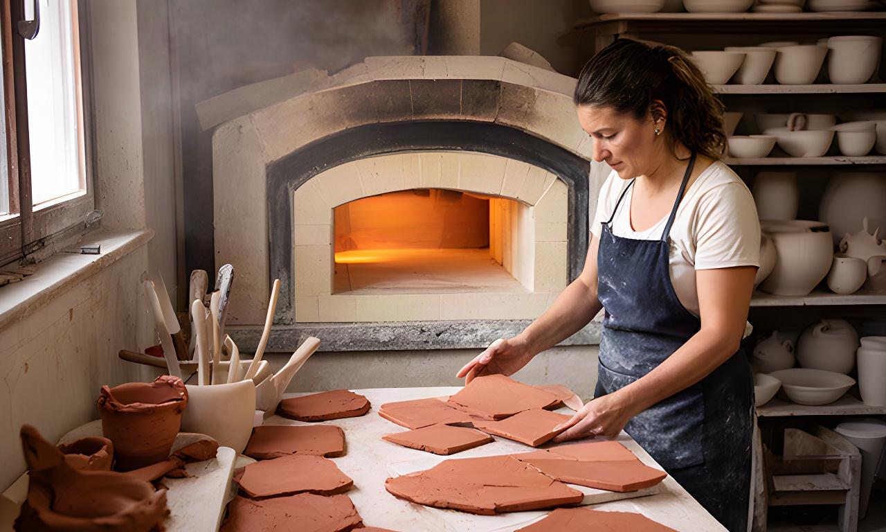 Artigiana che prepara piastrelle in argilla nel laboratorio ceramico di Ravenna accanto al forno